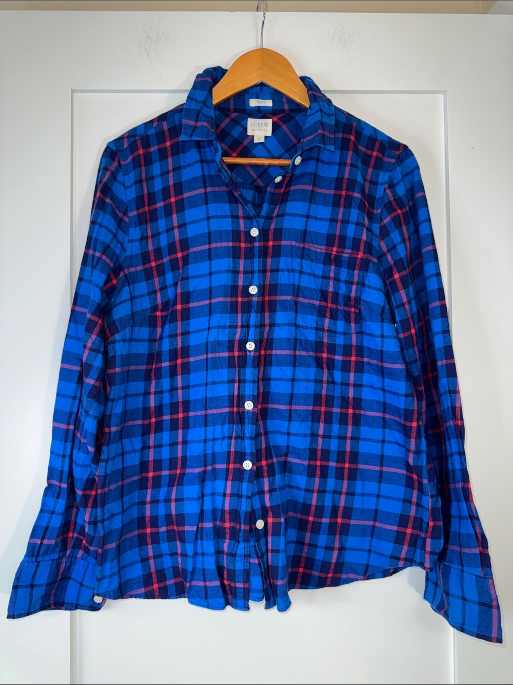J. Crew Bright Blue Plaid Button-Down w/ Red Stripes Boy fit 100% cotton sz LG